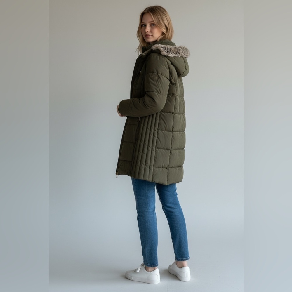 Nautica  NWOT Olive Puffer Coat with Faux Fur Hood  Sz S - Picture 2 of 16